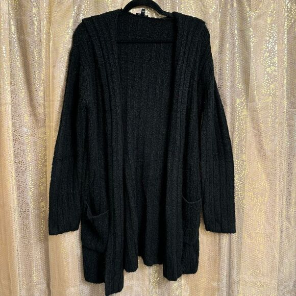 Express Black Fuzzy Hooded Soft Open Cardigan Sweater Small/Medium - Picture 1 of 7